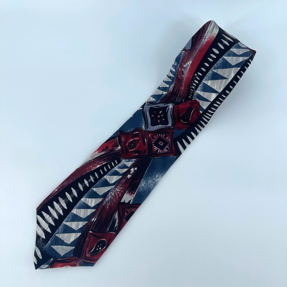 DON LOPER Beverly Hills Italian Silk Necktie Red Blue Gray Abstract